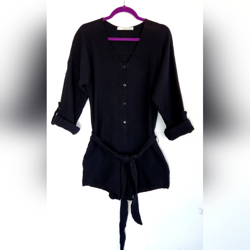 Stillwater black, 100% cotton, long/roll-sleeve romper with belt and pockets - S